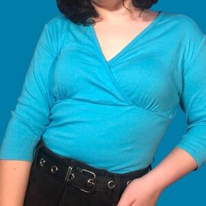 Blue Y2K Wrap V-Neck Blouse